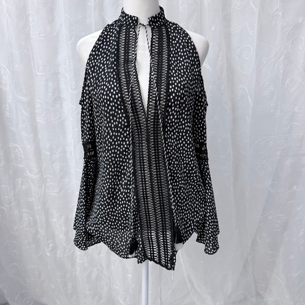 Boho Atina Cristina Polka Dot Cold Shoulder Blouse Black White Tassel Crochet S